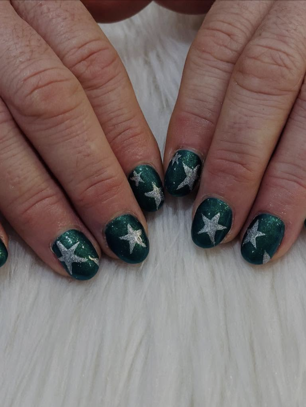 Emerald star nail art design available for pedicure finishes at Hello Beauty Nails, Northallerton