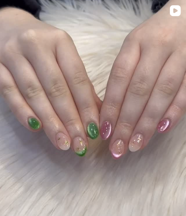 Green and pink chrome nail art design available for pedicure finishes at Hello Beauty Nails, Northallerton